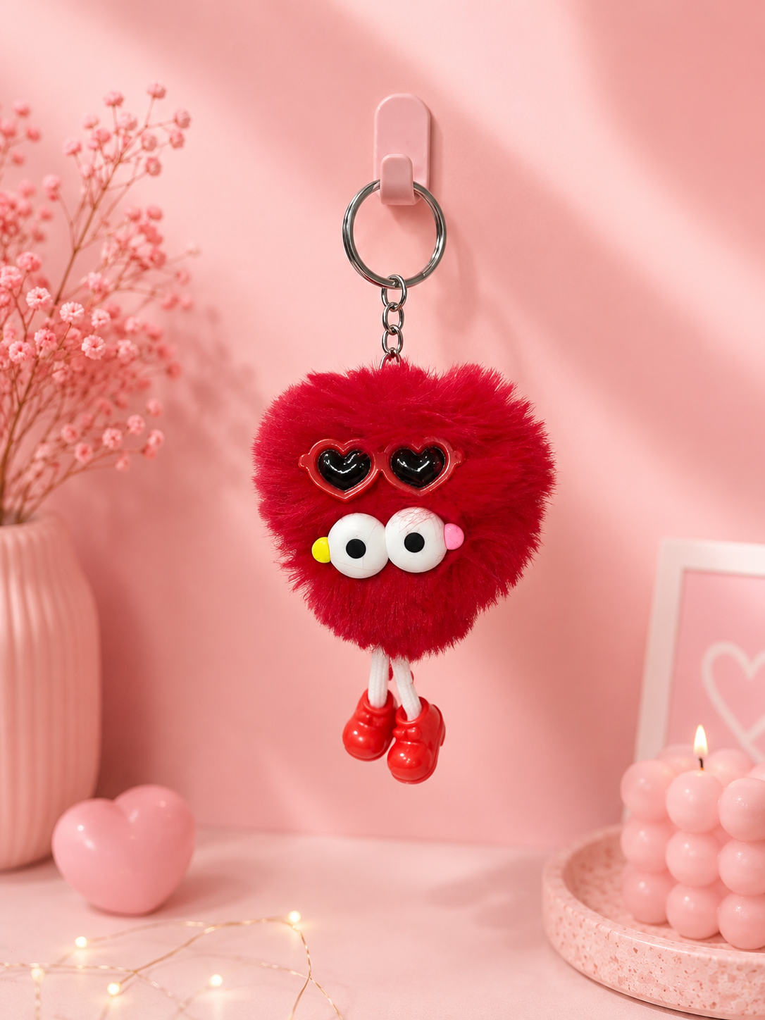 Deep red bear keychain with heart-shaped eye details and metal key ring