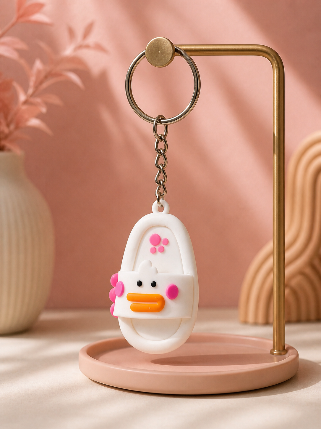 Creamy white duck slide keychain with metal ring and chain