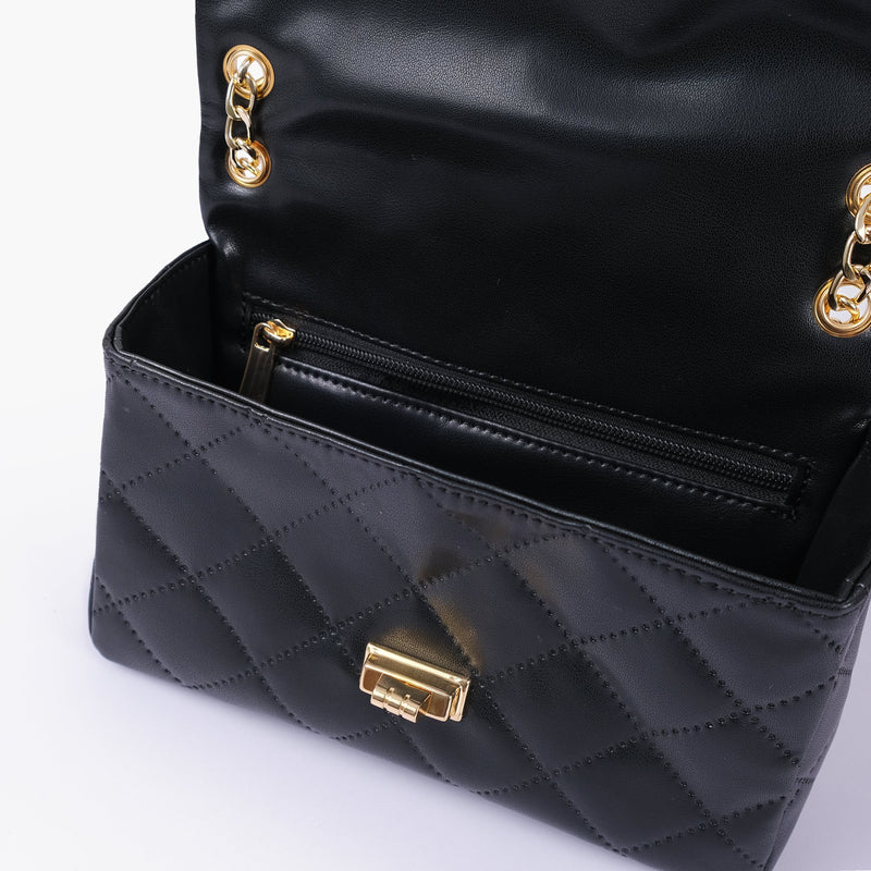 Black quilted crossbody bag with internal zip pocket and gold clasp