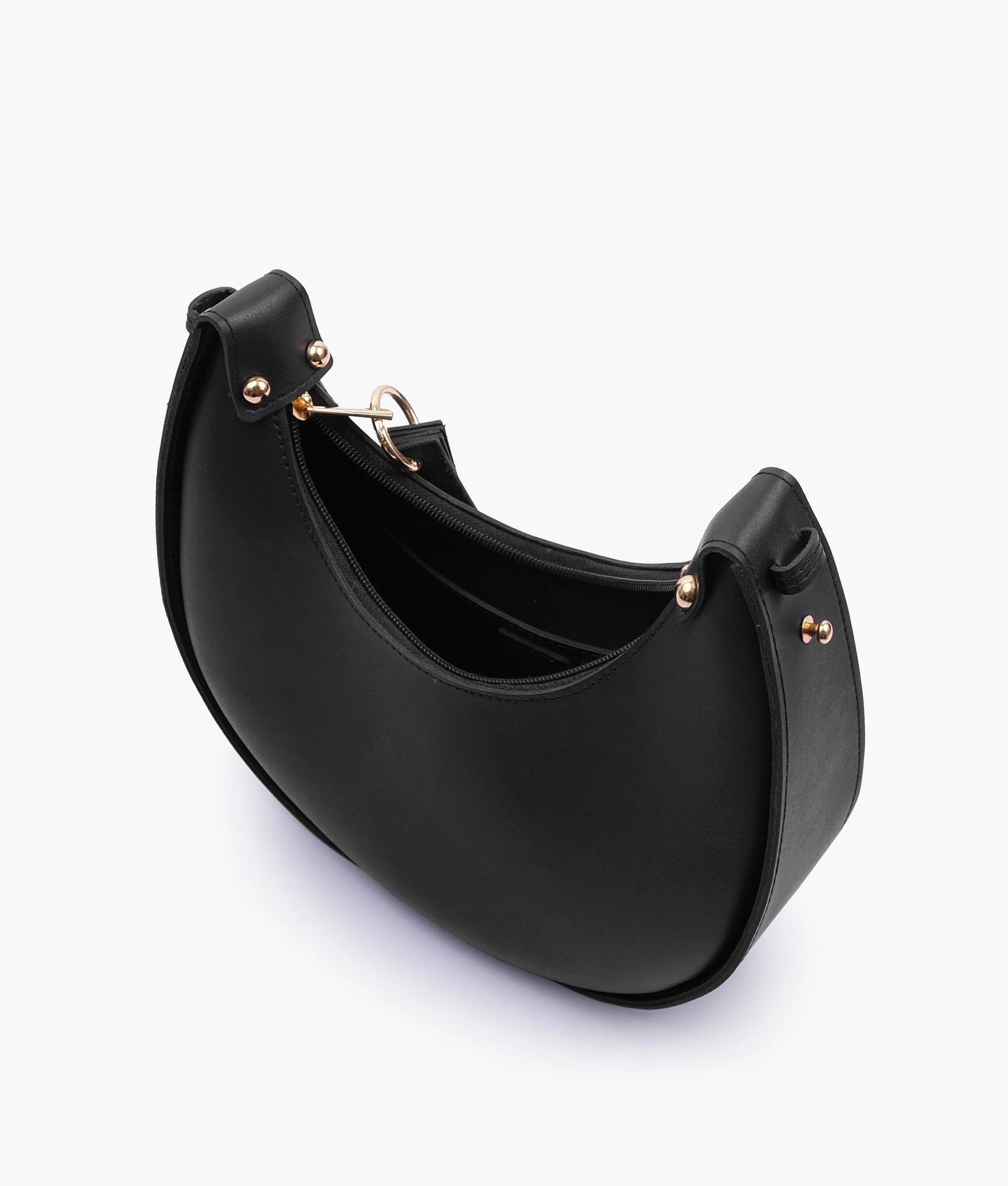 Black crescent shoulder bag with top zip, curved silhouette, and gold-tone studs.