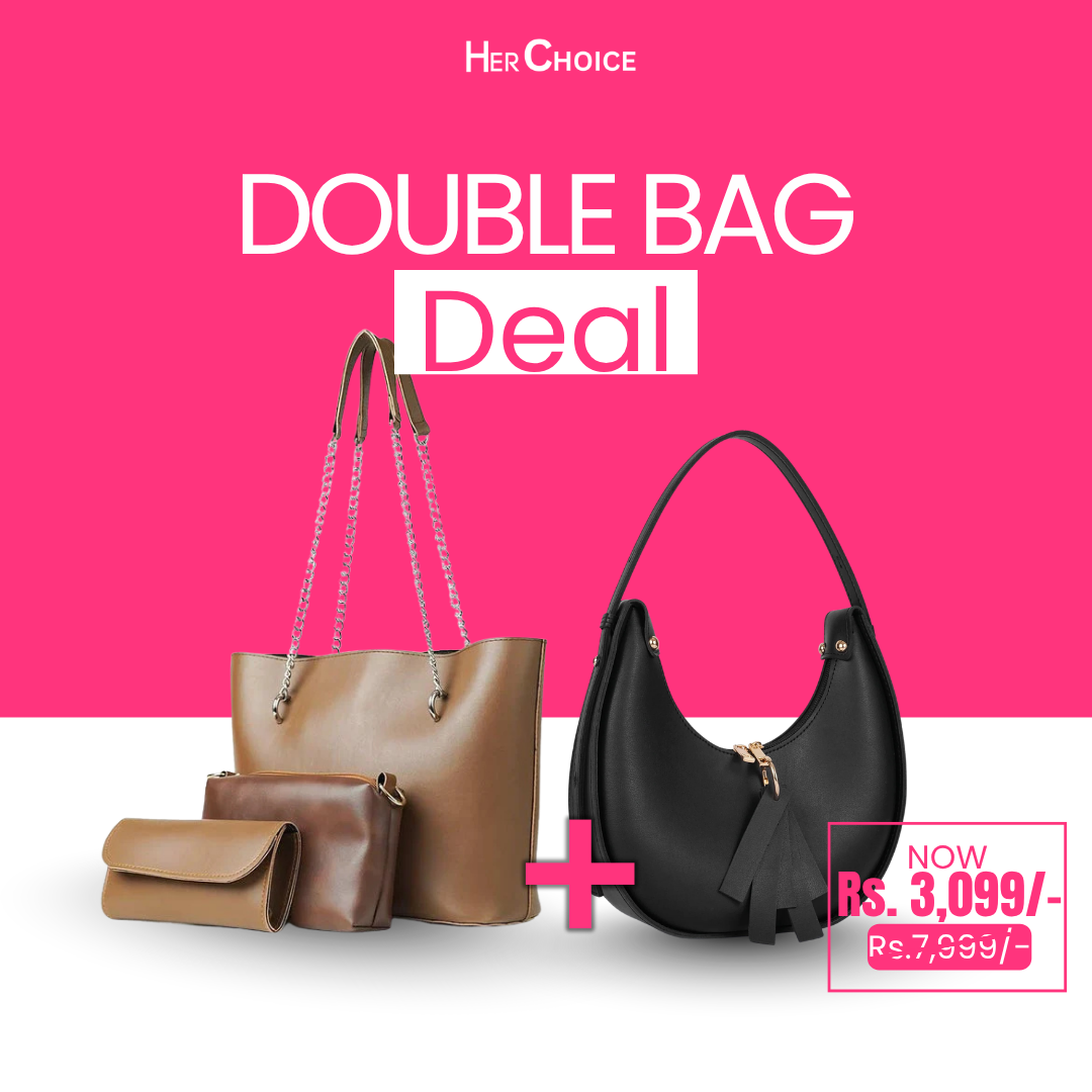 Handbag set bundle: tan tote with chain strap, matching pouch, and black shoulder bag