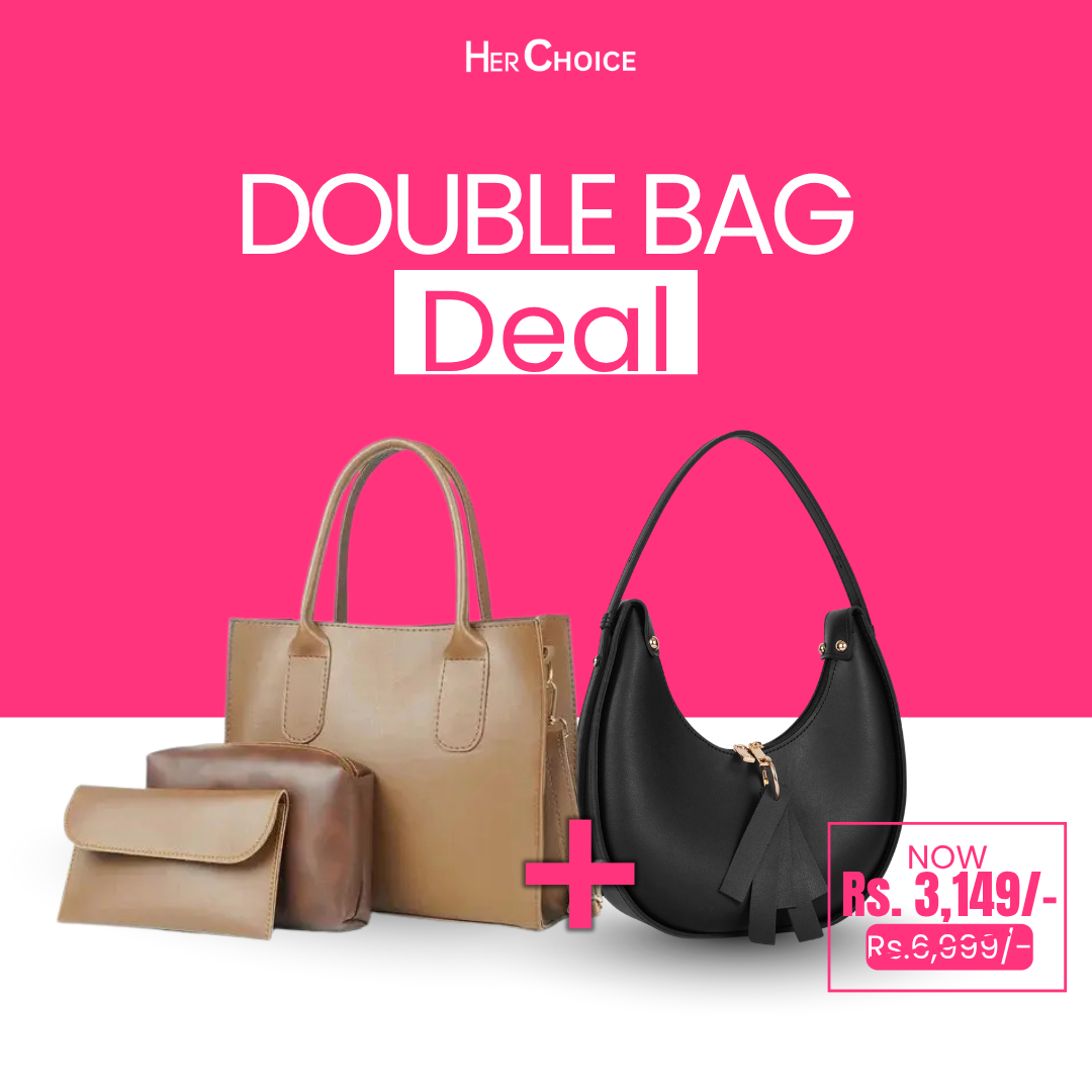 Two-piece handbag set: tan tote with matching clutch and black crescent shoulder bag.