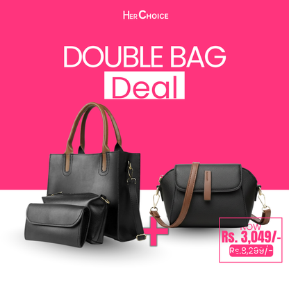 Black handbag set with structured tote and crossbody satchel, plus small matching bag