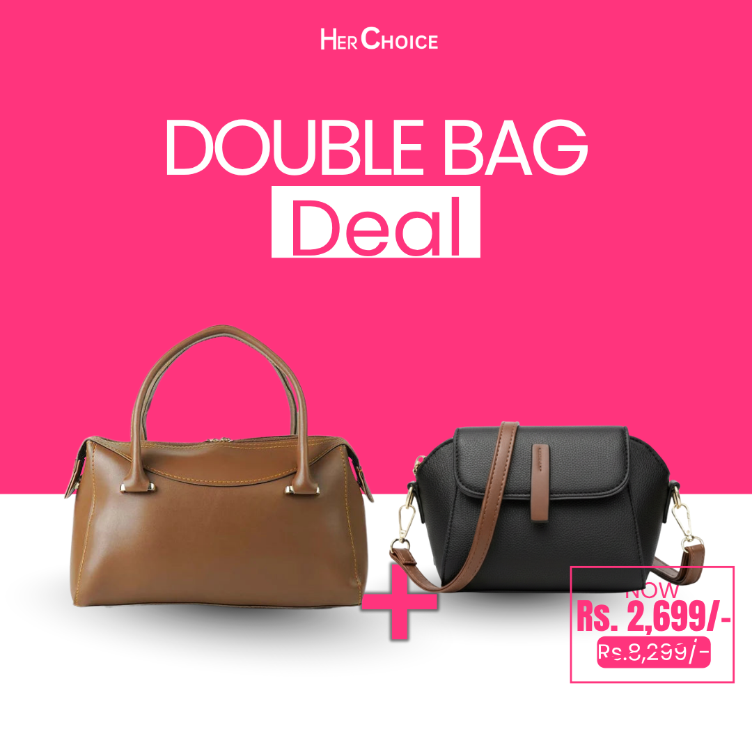 Small handbag set with tan top-handle bag and dark crossbody flap bag with strap