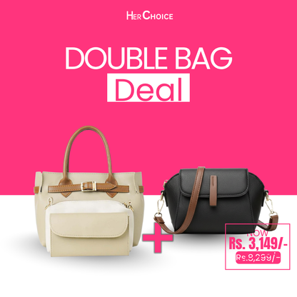 Two-piece bag bundle: cream tote with pouch and black shoulder bag with strap.