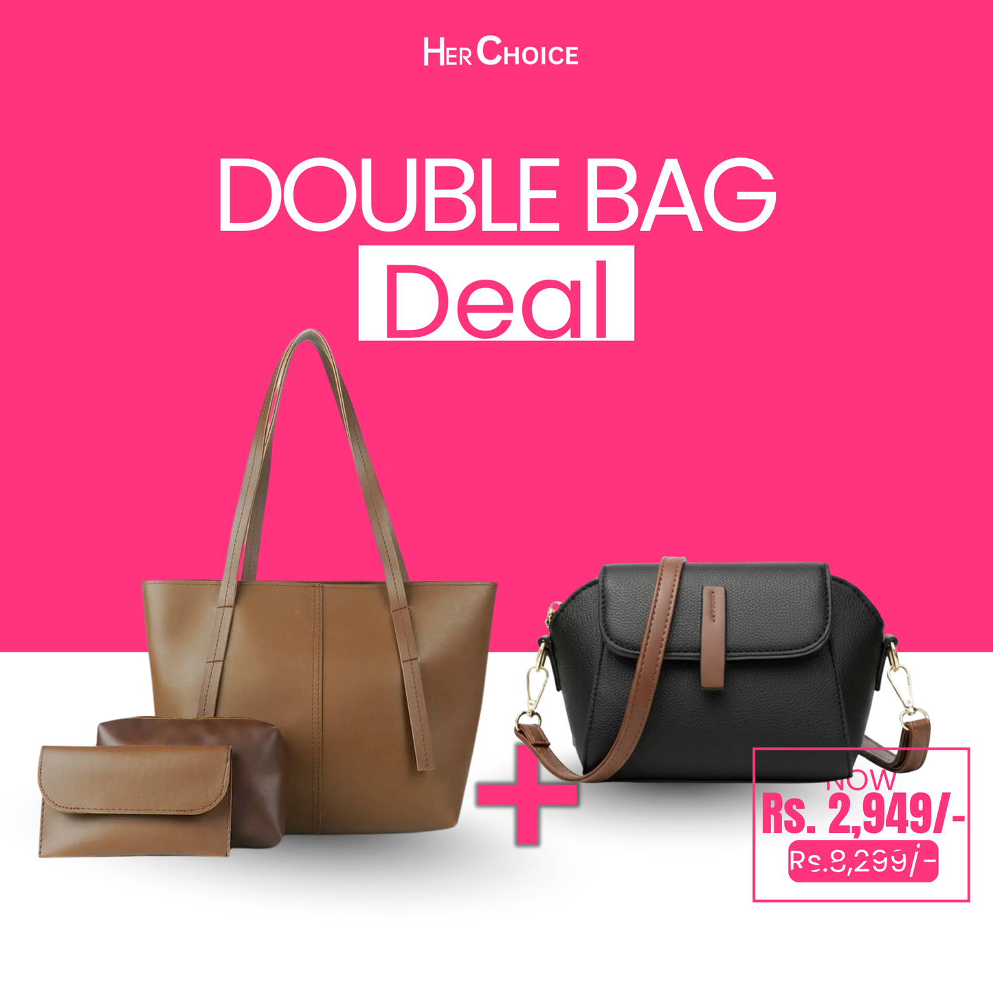 Handbag bundle: brown tote with pouch plus black mini crossbody bag with flap