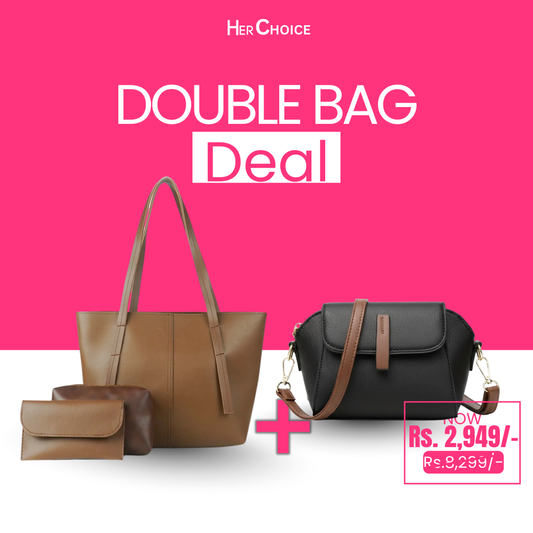 Handbag bundle: brown tote with pouch plus black mini crossbody bag with flap