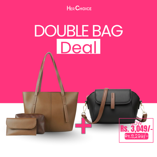 Handbag bundle with tan tote and pouch plus black crossbody bag with flap