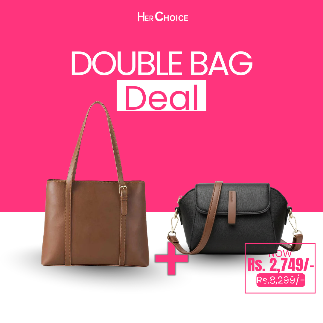 Bundle of two handbags: brown tote and black flap crossbody with shoulder strap.