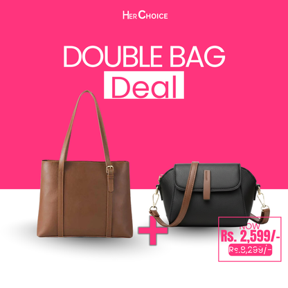 Two-bag handbag set: brown tote with zipper + black flap crossbody with strap
