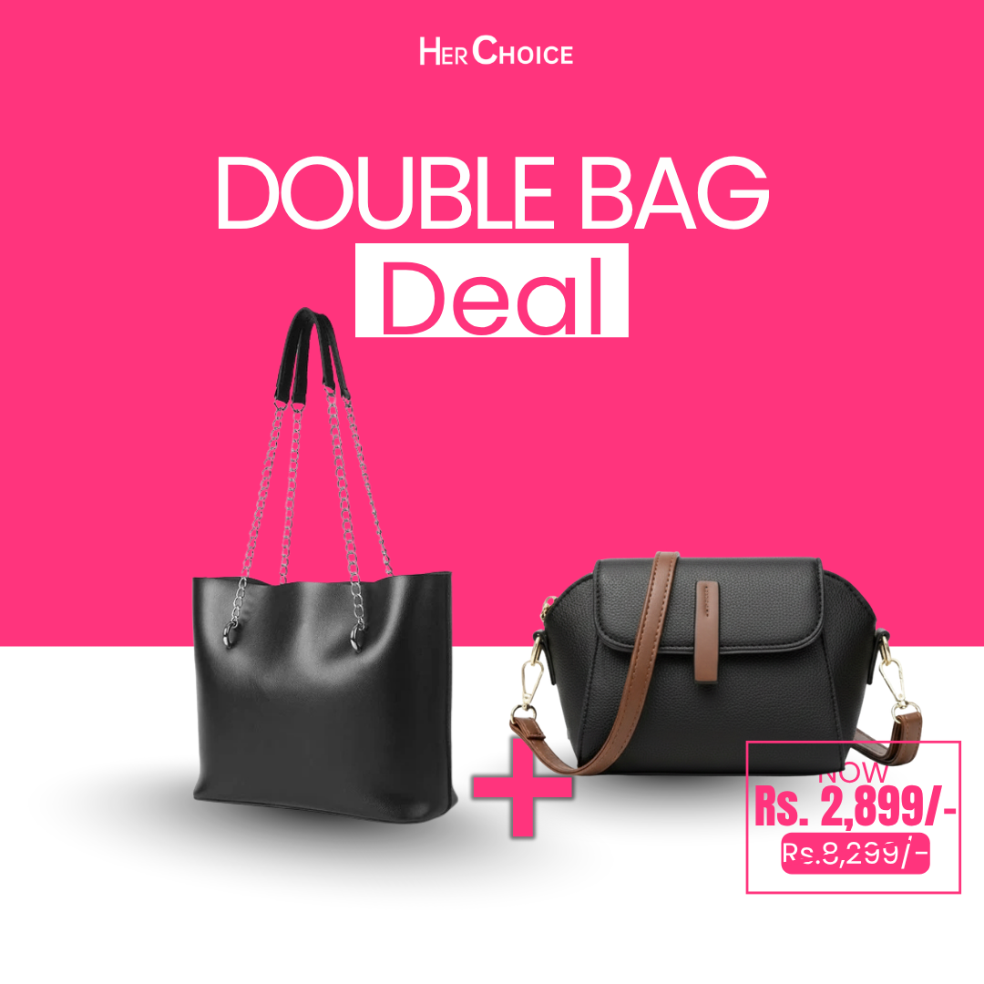 Black tote bag with chain handles and black flap crossbody with brown shoulder strap