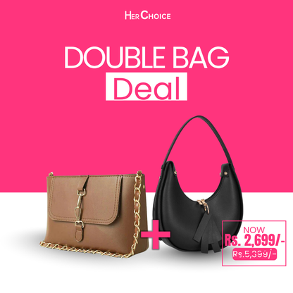 Double bag bundle with black crescent bag and brown chain-strap shoulder bag