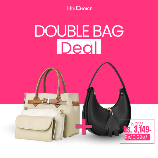 Two-bag set: black crescent shoulder bag and cream tote bag