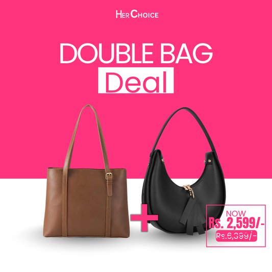 Black crescent shoulder bag and brown tote bag set with handles