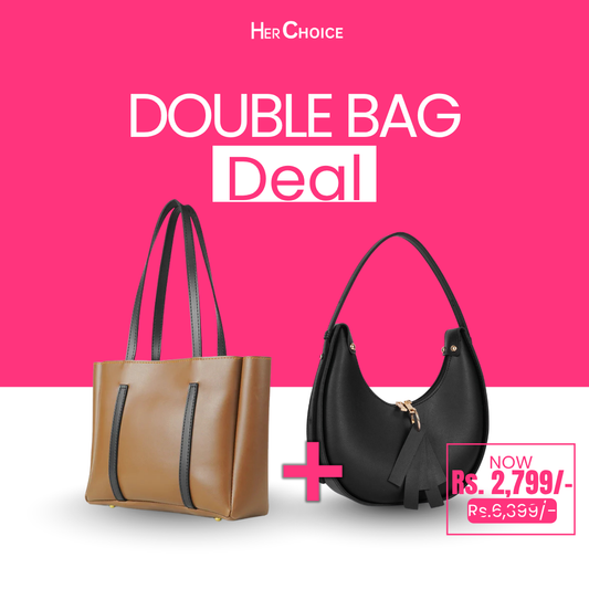 Two-bag set: black hobo bag with tassel and tan tote bag with black trim
