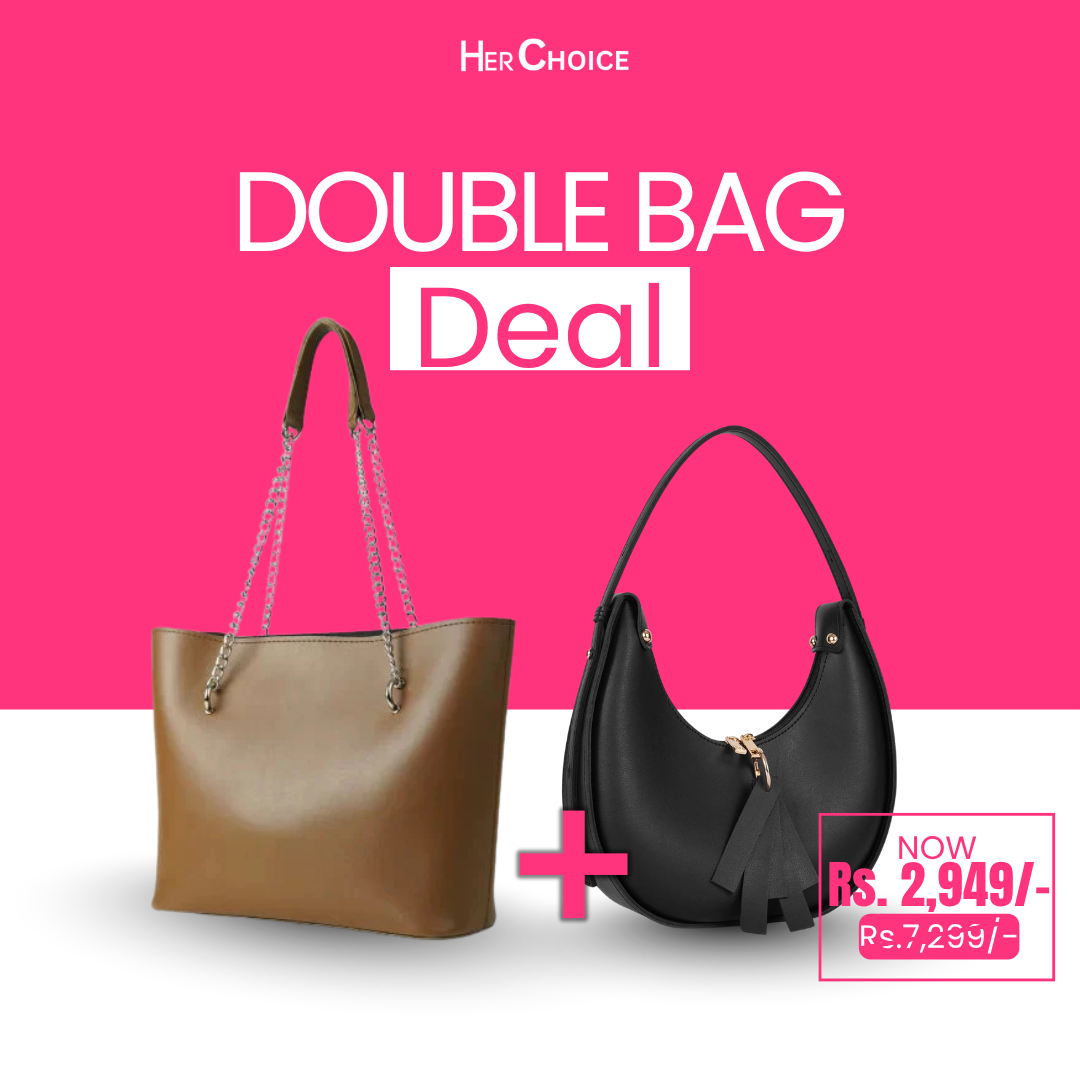 Crescent shoulder bag and chain-handle tote bag set, black and brandy brown