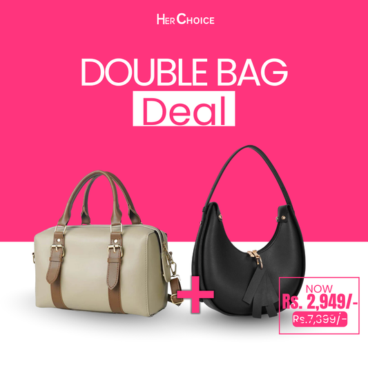 Set of two handbags: beige satchel with brown straps and black hobo bag.