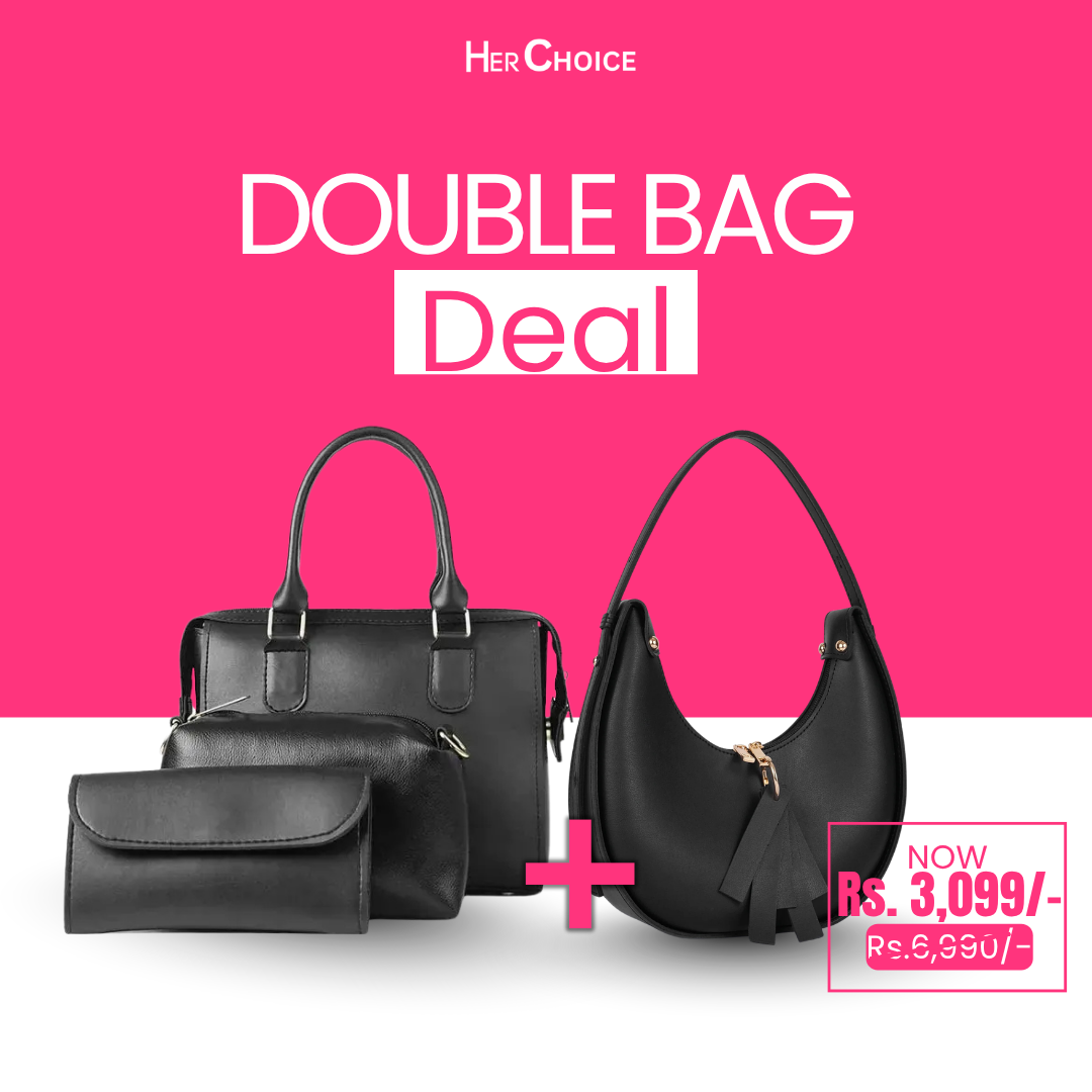 Black tote bag with front flap pouch and matching crescent crossbody bag