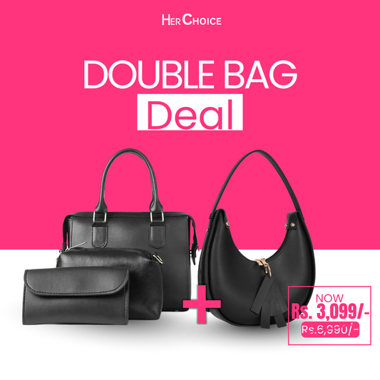 Black tote bag with front flap pouch and matching crescent crossbody bag