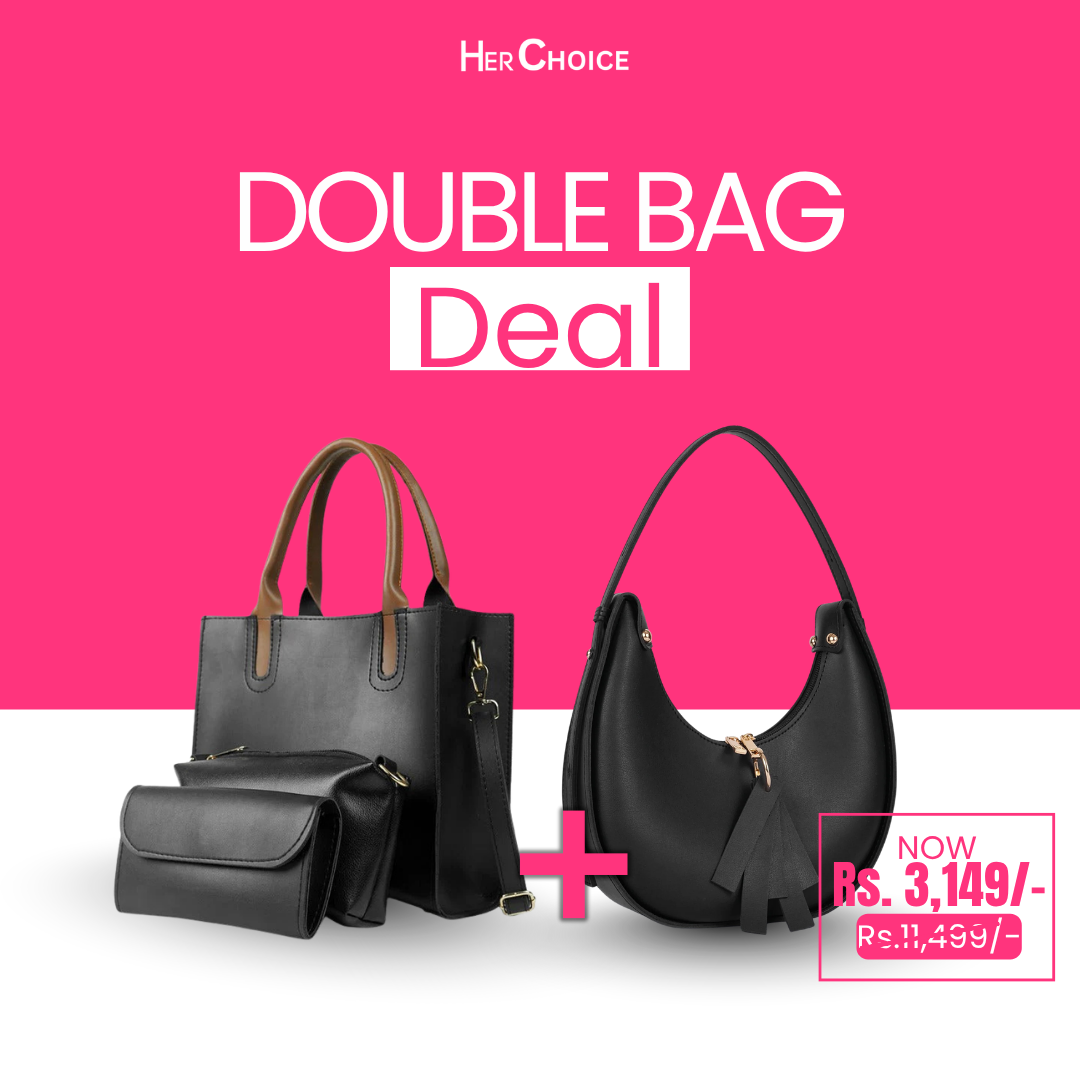 Black tote bag with matching clutch-style pouch and gold hardware, set of 2