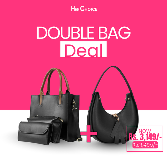 Black tote bag with matching clutch-style pouch and gold hardware, set of 2