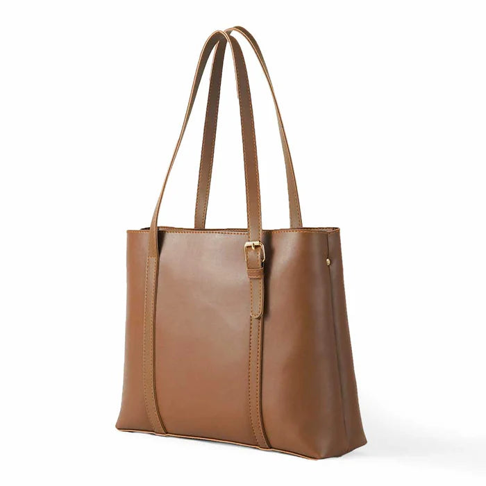 Brown leather-look tote bag with double handles and front panel seam.