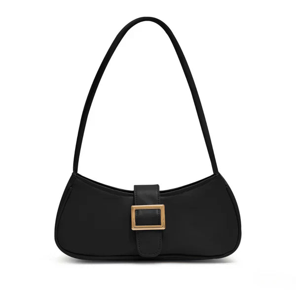 Black mini hobo bag with square gold-tone buckle and single top handle