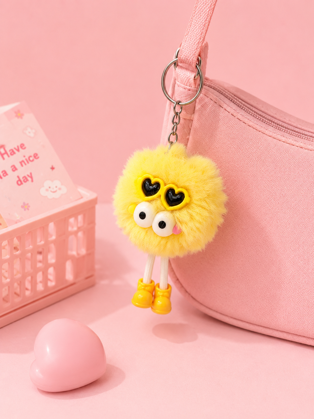 Lemon yellow bear heart-eye plush keychain with metal ring and pink strap