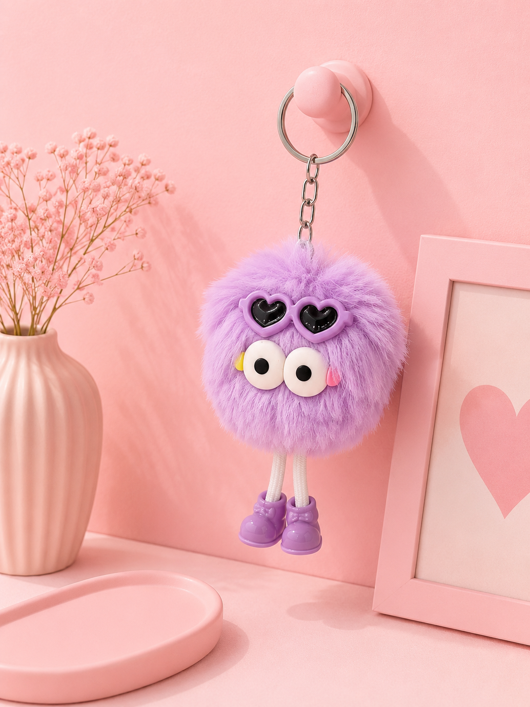 Lavender fluffy bear keychain with heart-eye face, big eyes, and metal keyring.
