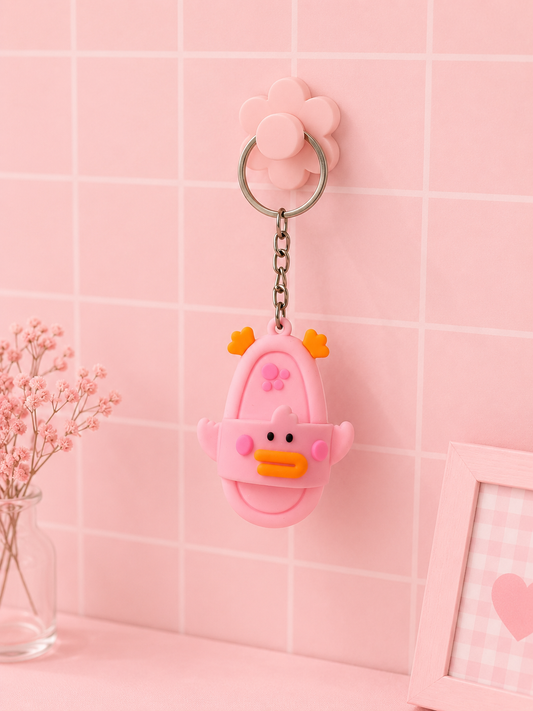 Petal pink ducky slide keychain with metal ring and chain, cartoon duck face charm