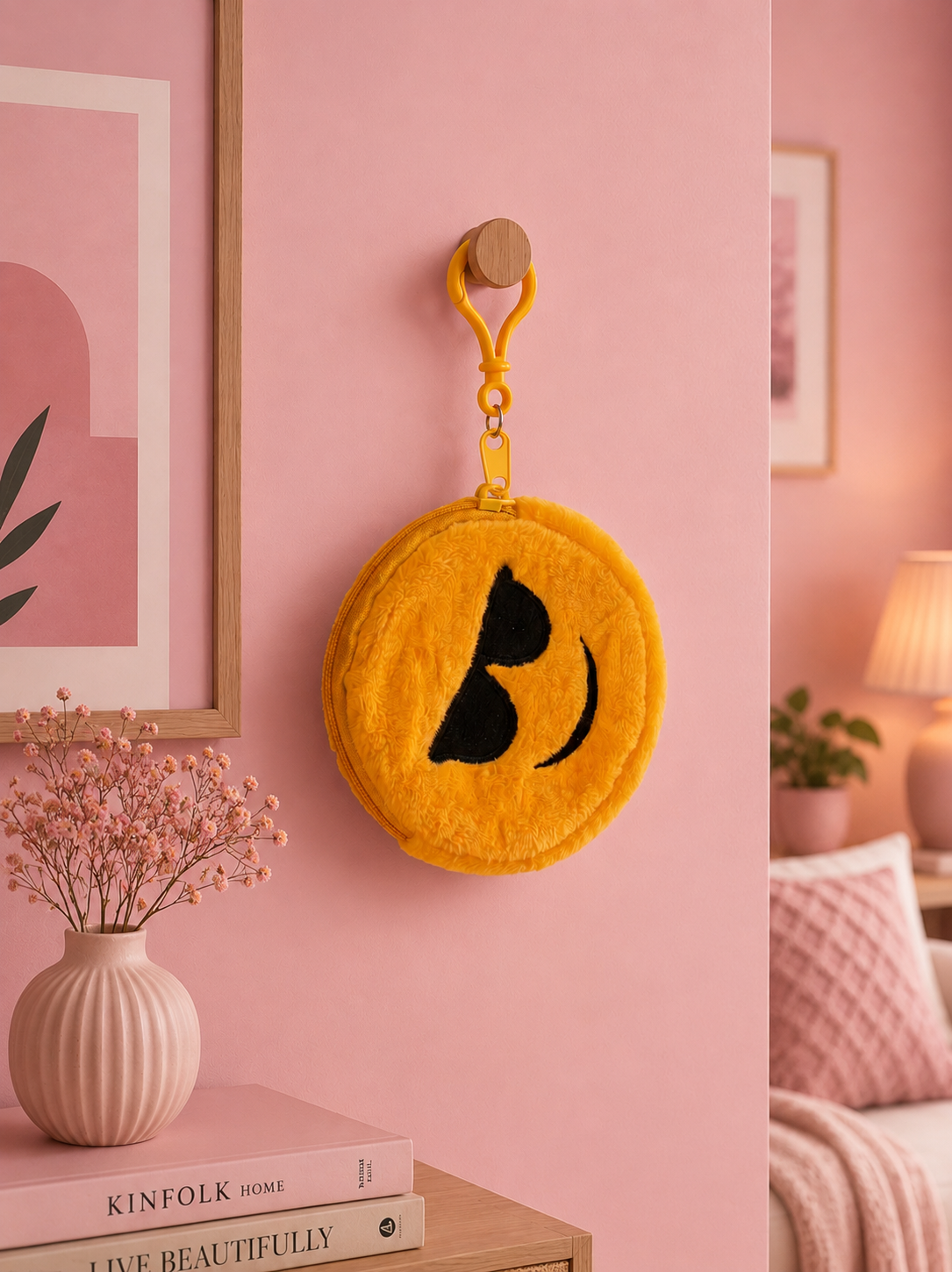 Round yellow emoji pouch keychain with black smile face and yellow metal clip