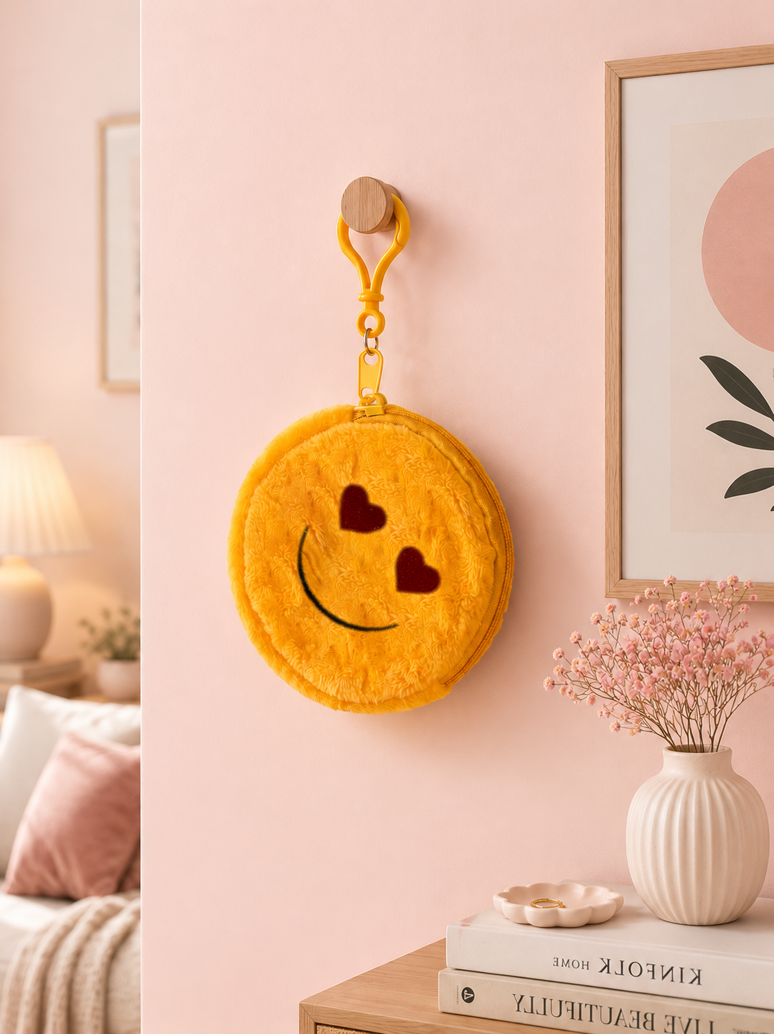 Yellow plush round pouch keychain with heart eyes and smiley face