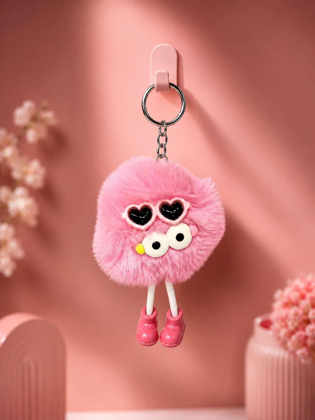 Pink fluffy bear keychain with heart-shaped eyes, small yellow nose, pink shoes