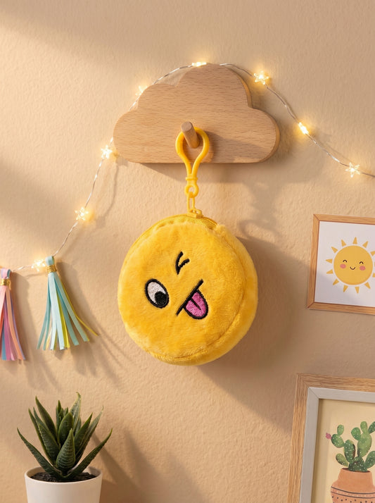Winking emoji pouch keychain with yellow plush face and wooden cloud hanger