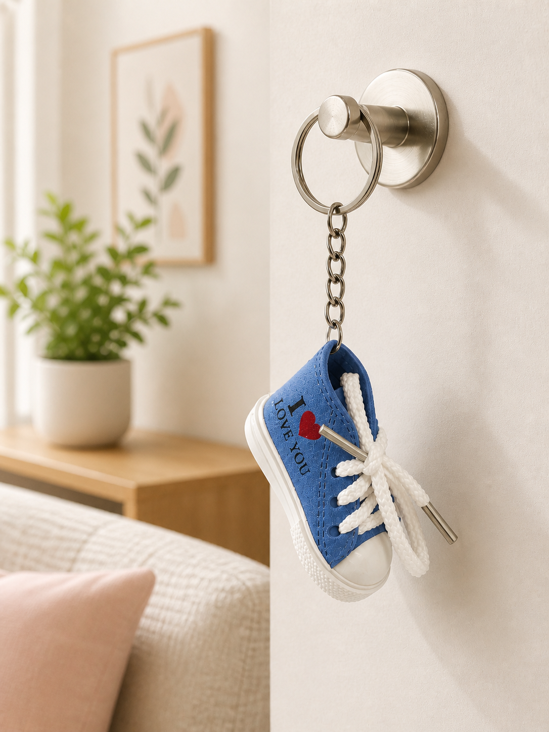 Royal blue sneaker keychain with white laces, red label, and metal keyring