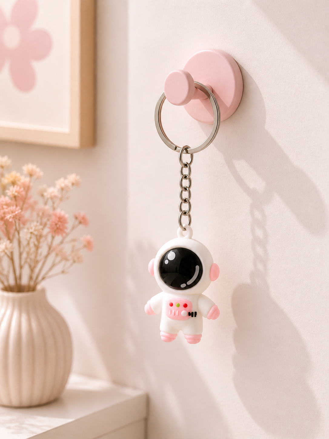 Blossom pink astronaut keychain with round ring and white space suit charm