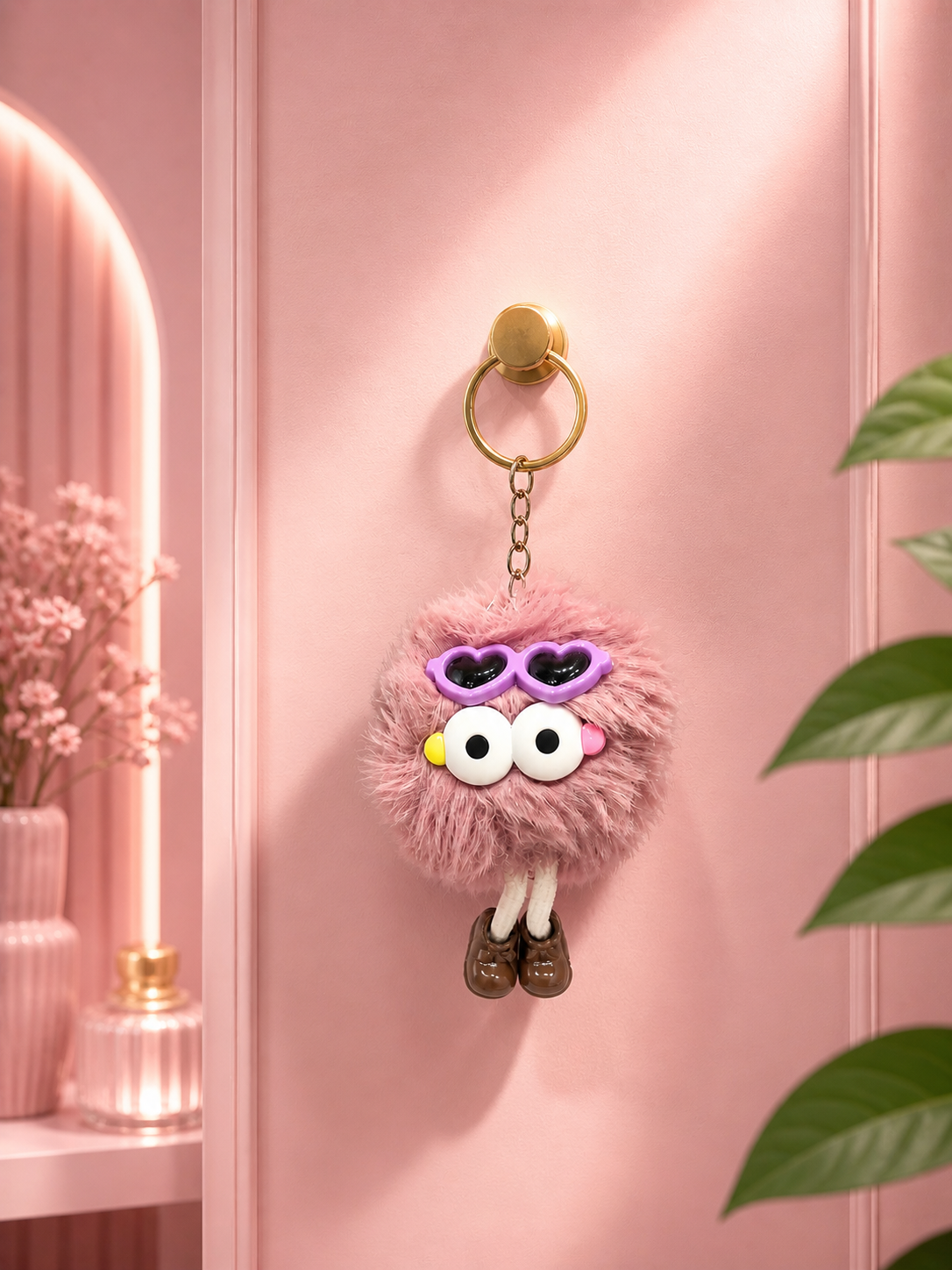 Dusty pink plush bear heart-eyes keychain with purple heart glasses and gold ring