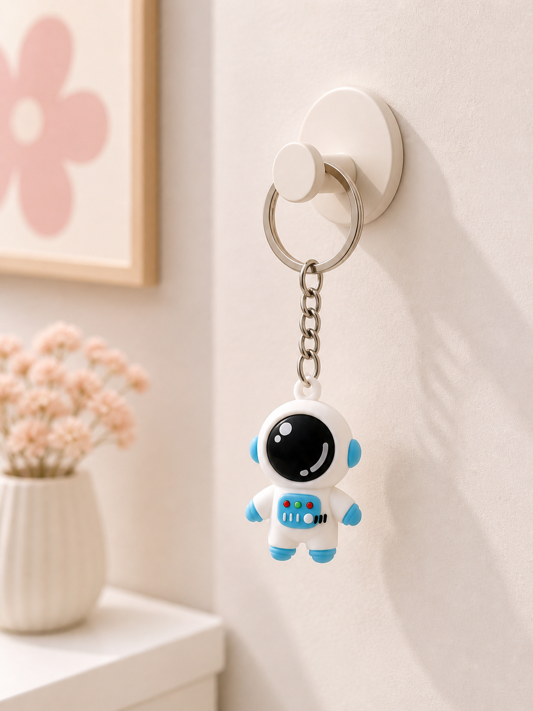 Sky blue astronaut keychain with round black visor, silver chain and metal ring