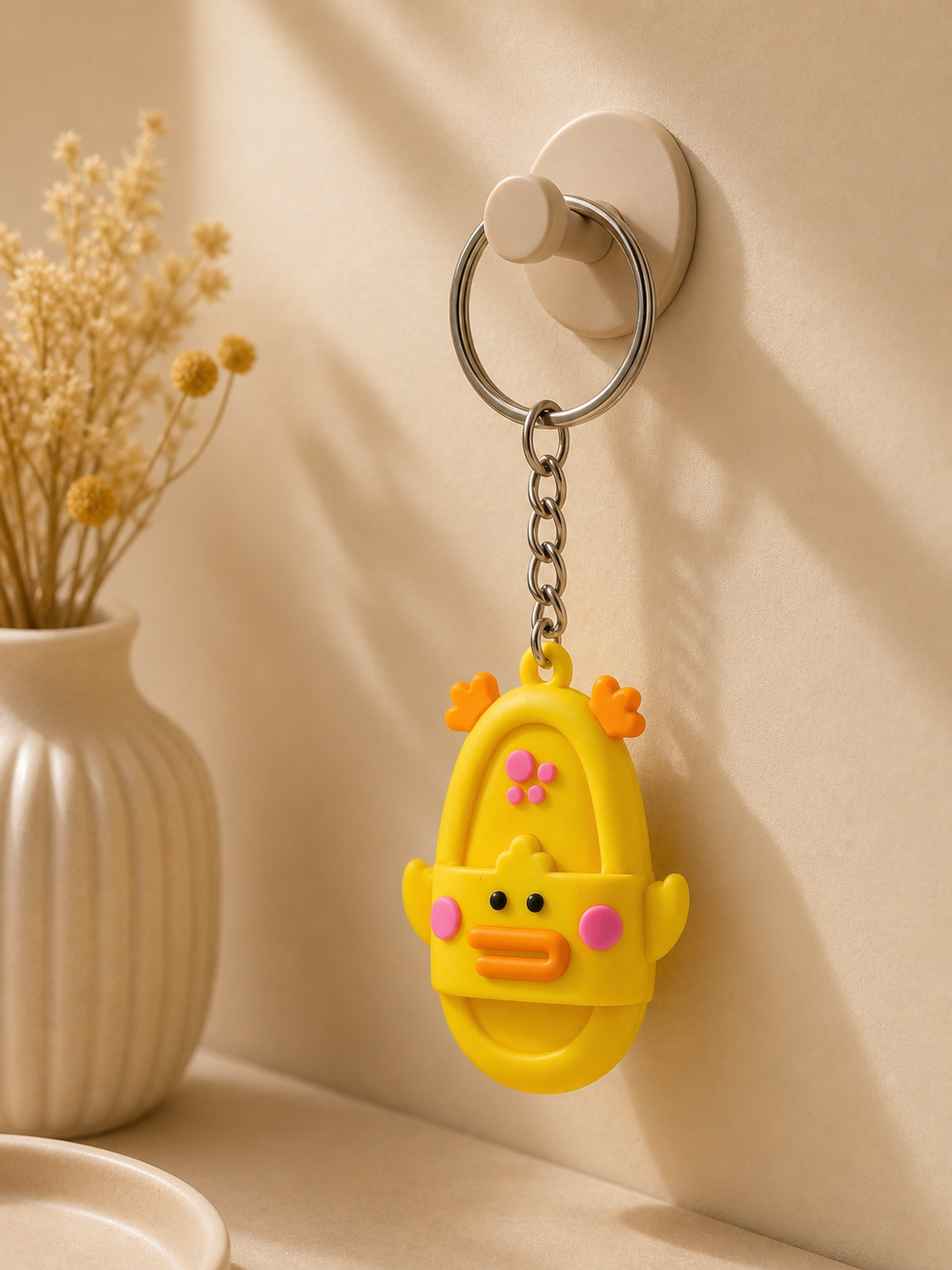 Yellow duck slide keychain with metal ring and chain, smiling face with pink accents