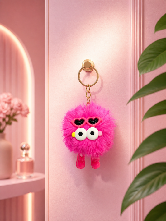 Hot pink fuzzy bear keychain with heart eyes face and dangling feet
