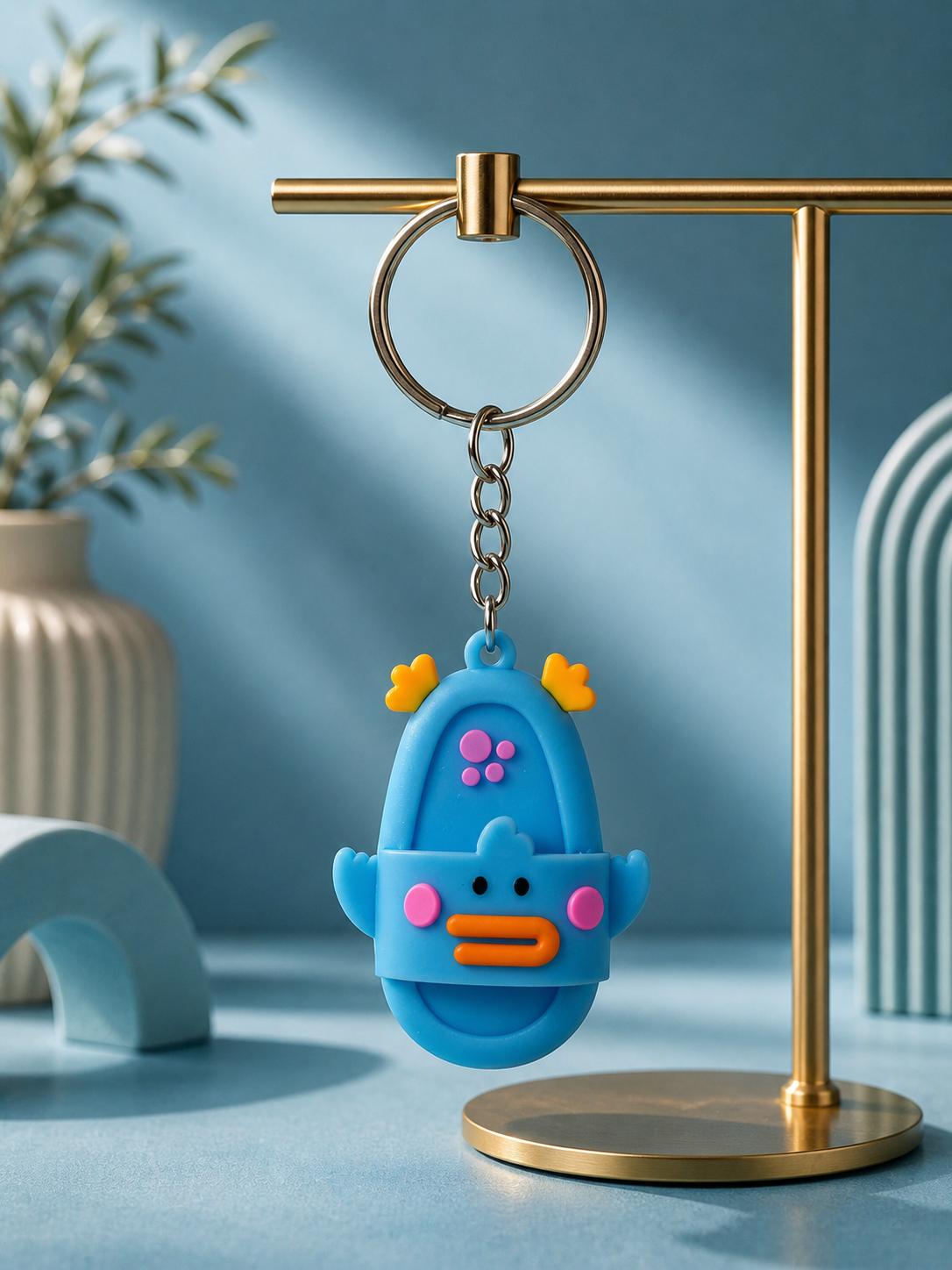 Blue duck-themed keychain with metal ring and chain, orange beak detail