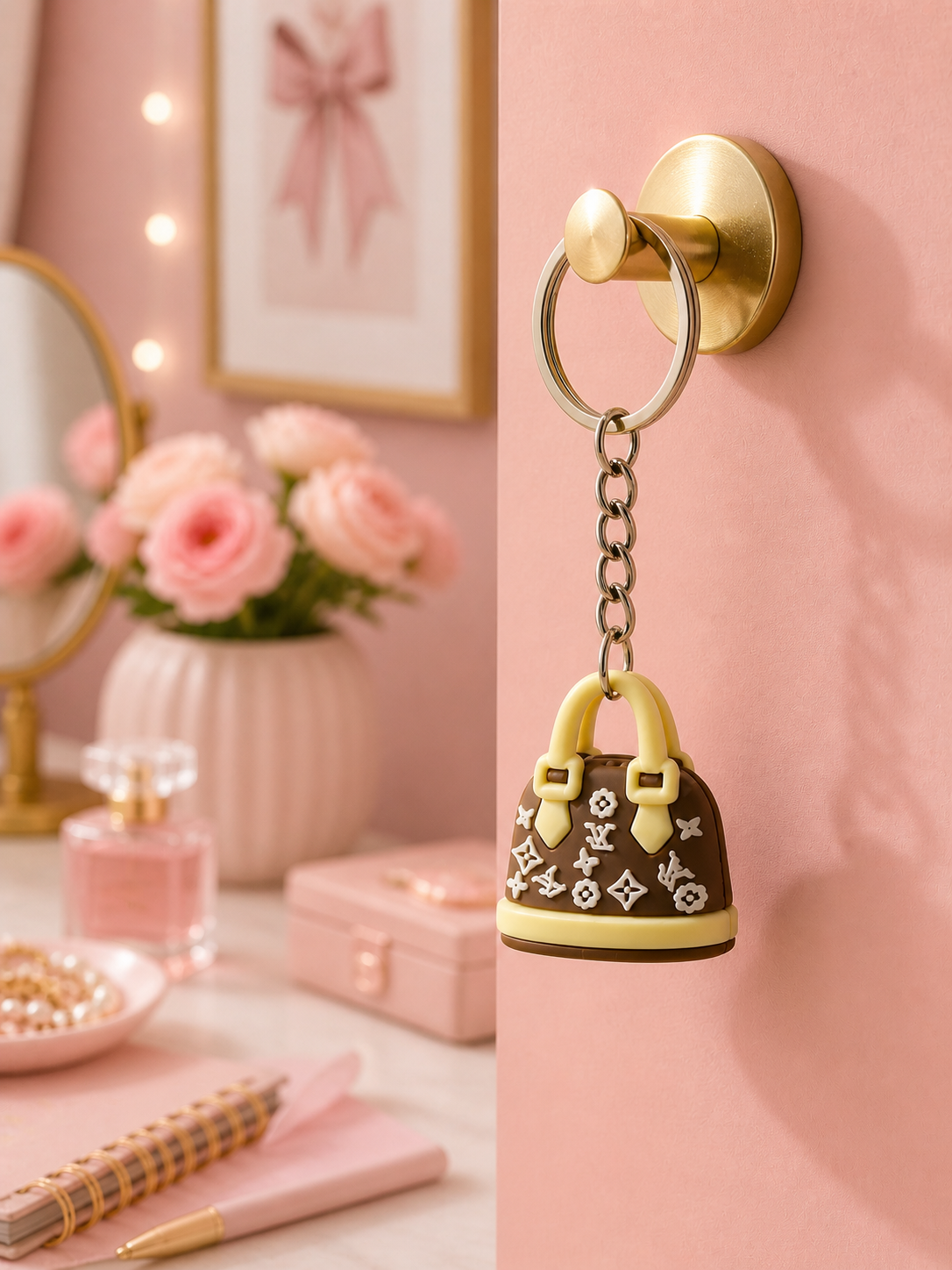 Mini-bag keychain, dark brown handbag charm with gold-tone accents and metal ring