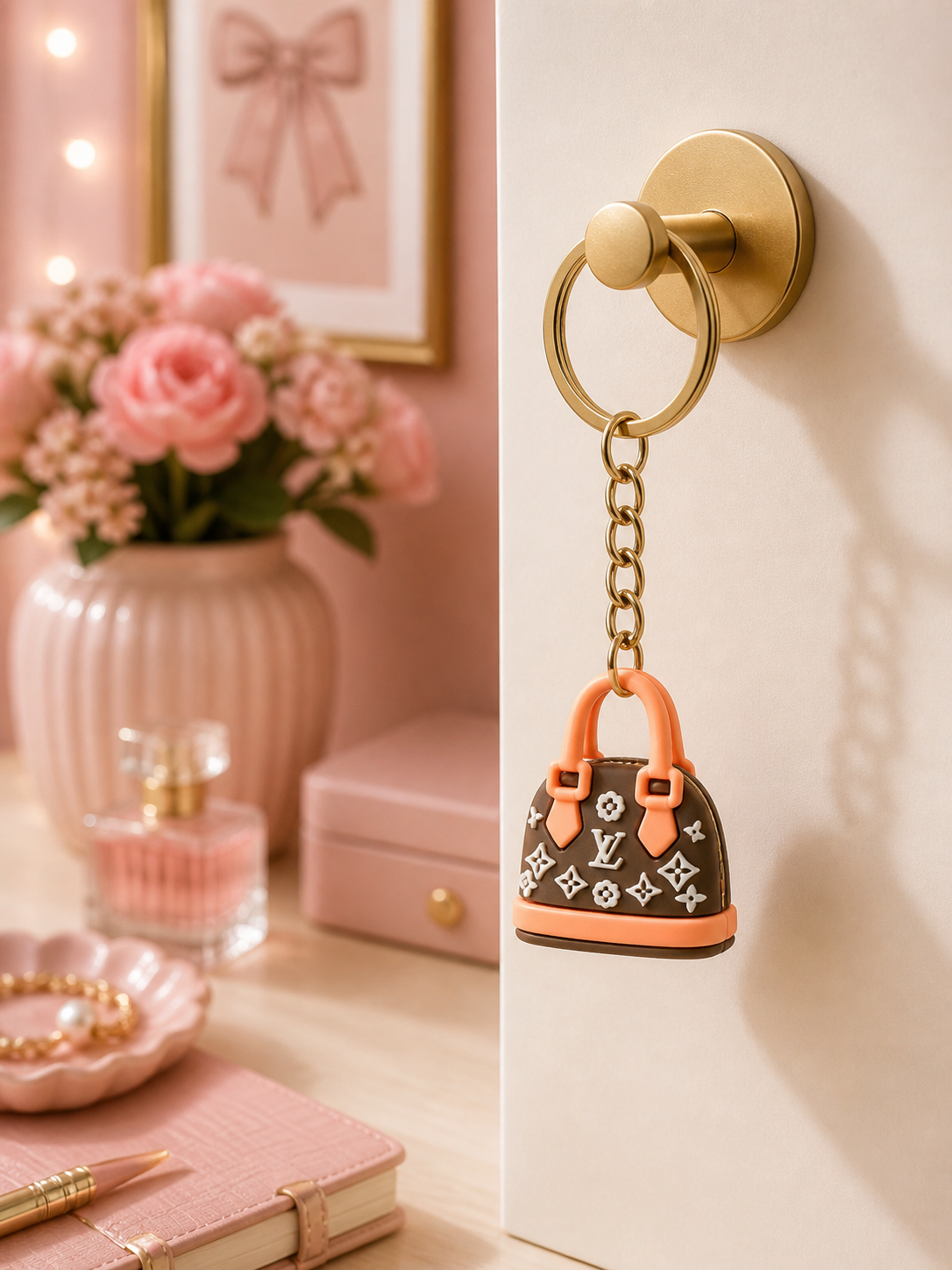 Mini handbag keychain with gold ring and dark brown bag, peach-orange handles and motif print