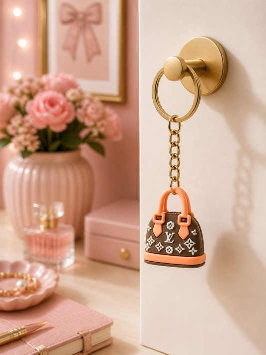 Mini handbag keychain with gold ring and dark brown bag, peach-orange handles and motif print