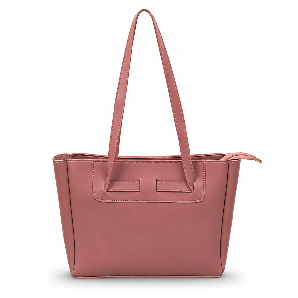 Pink tote bag with top handles and structured front panel, stitched seams