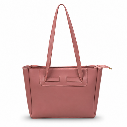 Pink tote bag with top handles and structured front panel, stitched seams