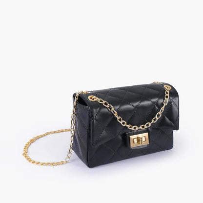 Black quilted crossbody bag with flap, gold chain strap, and gold clasp