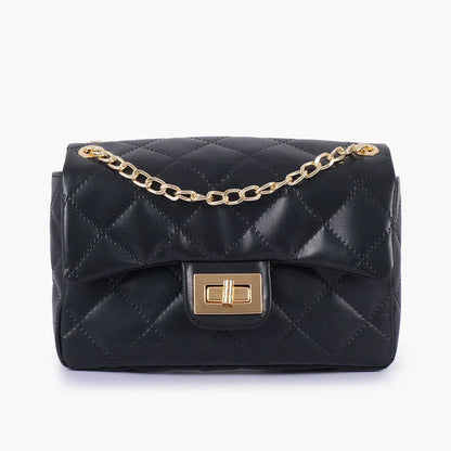 Black quilted flap crossbody bag with gold chain and front clasp