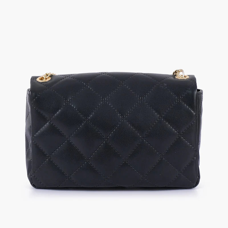 Black quilted flap crossbody bag with front clasp hardware