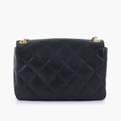 Black quilted flap crossbody bag with front clasp hardware